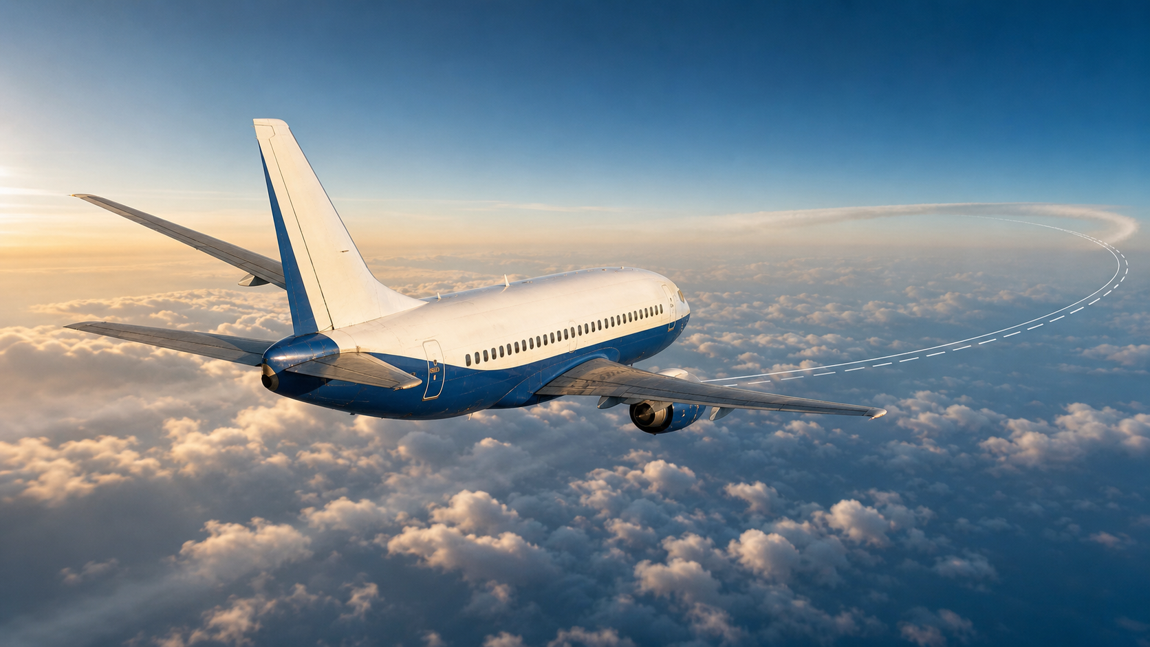 Boeing 737 in mid-bank during a coordinated turn over the cloud layer