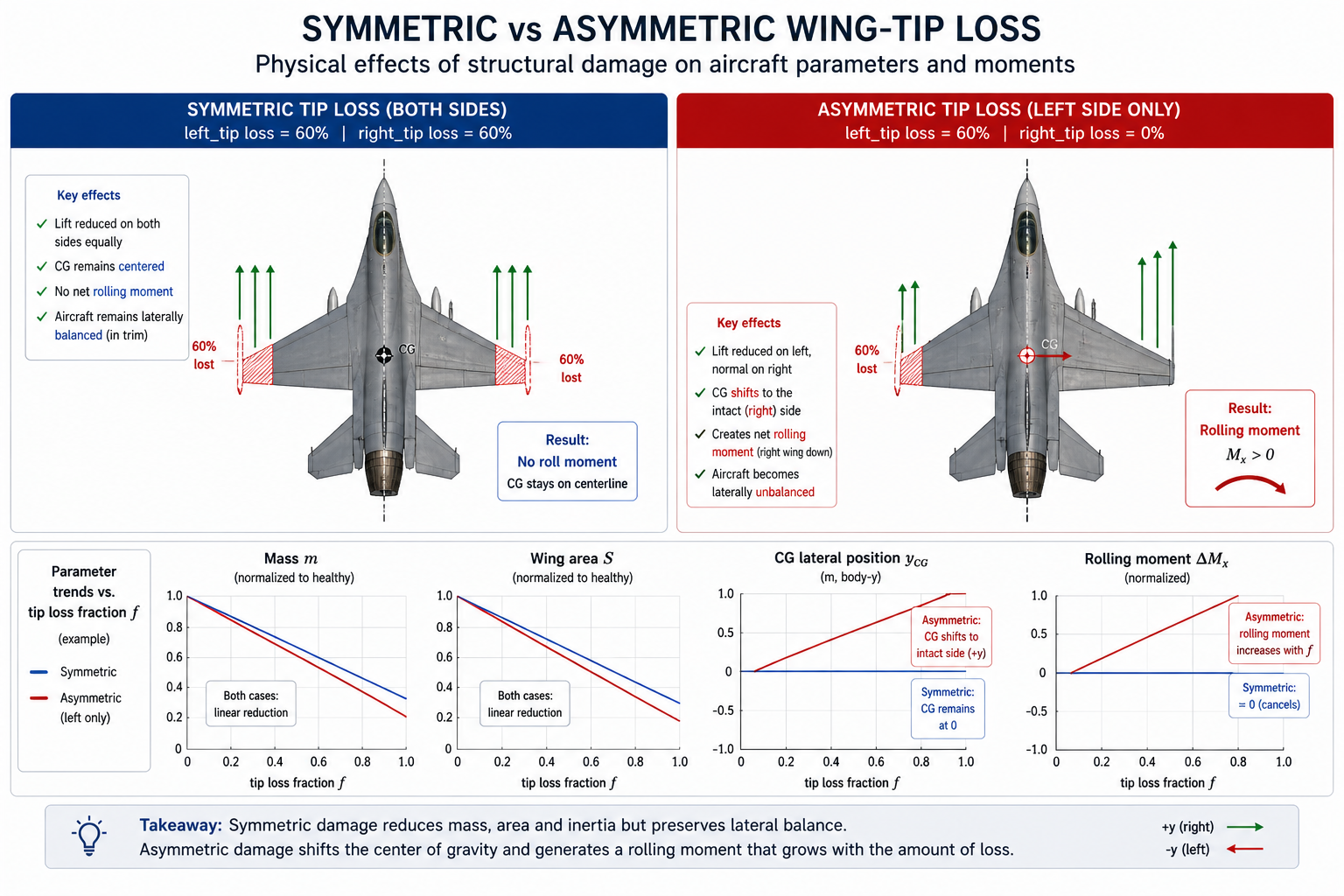 Symmetric vs asymmetric wing-tip loss — physical effects