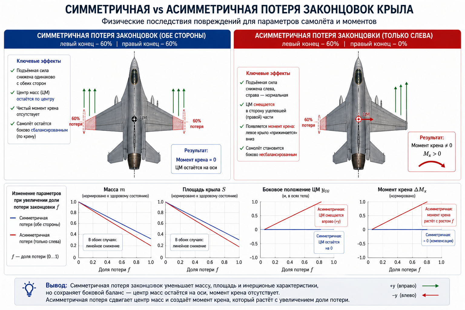 Симметричная (слева) vs асимметричная (справа) потеря законцовки — обзор физических эффектов
